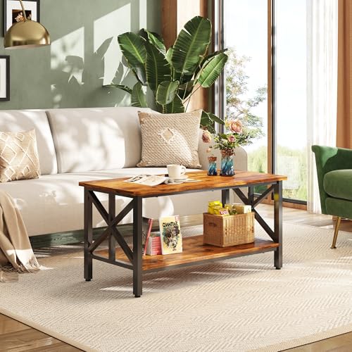 Coffee Table for Living Room, 39" Modern 2-Tier Center Table with Round Corners, Storage Shelf, Farmhouse Style Small Coffee Table with Metal Frame, Rustic Brown