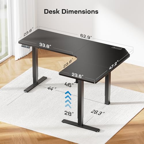 63″ L-Shaped Standing Desk, Built-in Power Outlets, Electric Height Adjustable Corner Computer Desk, Large Power Strip Holder, Sit Stand Up Desk with 3 Preset Heights, Black