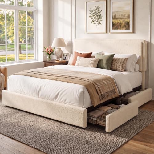 Boucle Queen Upholstered Platform Bed Frame with 2 Storage Drawers, view 2