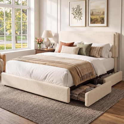 Boucle Queen Upholstered Platform Bed Frame with 2 Storage Drawers, view 2