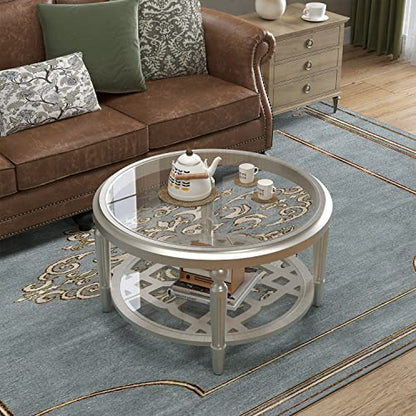 32" Round Glass Coffee Table with Storage, 2-Tier Modern Champagne Center Table for Living Room, Elegant Clear Glass Top Accent Table with Pine Wood Frame, Simple Home Office Furniture