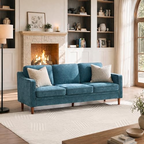 80" Chenille Sofa, 3 Seater Couch, Mid Century Modern Couches with Solid Wood Legs for Living Room Bedroom