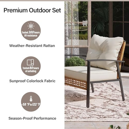 Outdoor Rattan Bistro Set, Patio Furniture Wicker Chairs Set of 2 with Deep Seating and Thick Cushions, Oversize Conversation Set for Garden, Balcony and Backyard (Beige)