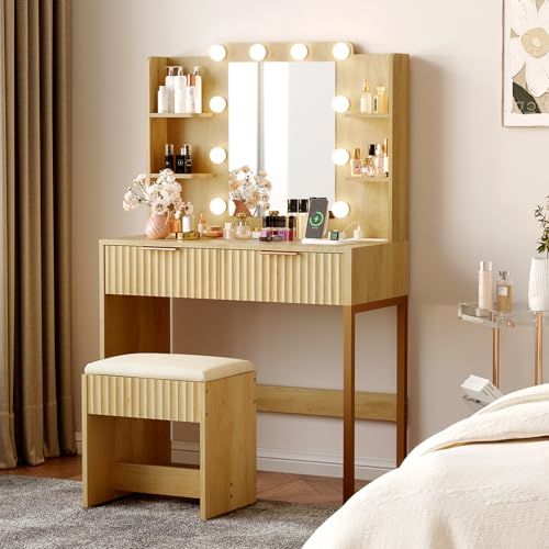 Fluted Makeup Vanity Desk with Mirror & Lights & Power Outlet, view 2