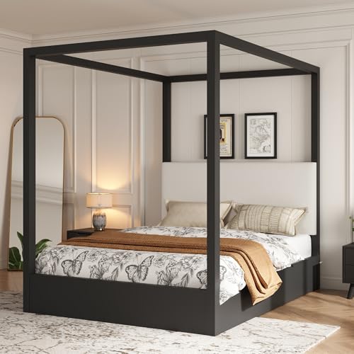 Queen Size Canopy Platform Bed with Upholstered Headboard, Black, view 5