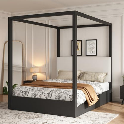 Queen Size Canopy Platform Bed with Upholstered Headboard, Black, view 5