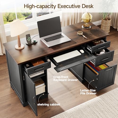 56" Large Executive Desk with Drawers,Modern Farmhouse Home Office Desk with Charging Station, Wood Computer Writing Desk with File Drawer for Study Work Bedroom Living Room Black