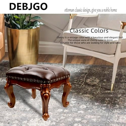 Leather Foot Stool Small,Vintage Ottoman Leather Foot Rest,Wooden Footrest,Upholstered Footstool for Couch/Living Room/Sofa,Cherry (12.6)