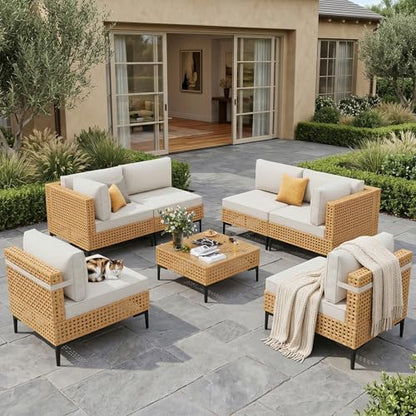 Patio Furniture Set 7 Piece Large Modular Outdoor Sectional Free Combination Outdoor Furniture with Thick Cushion All Weather Wicker Boho Patio Conversation Sets for Porch, Deck