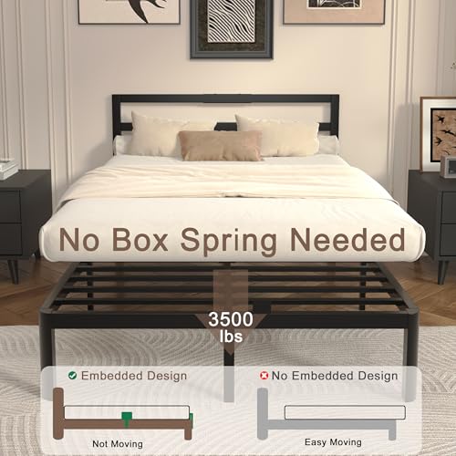 14 Inch Full Bed Frame with Headboard, Black Metal Double Bed Base, view 4