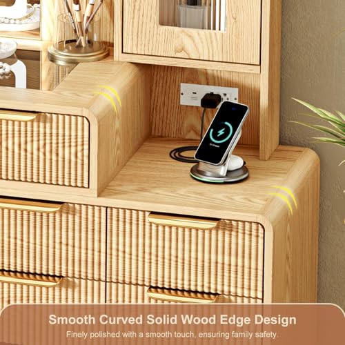 Glass Top Makeup Vanity with 3-Color LED Lighted Mirror & Power Strip, view 8