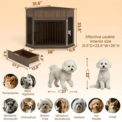 Wooden Corner Dog Crate Furniture for Small & Medium Dogs (Walnut), view 3
