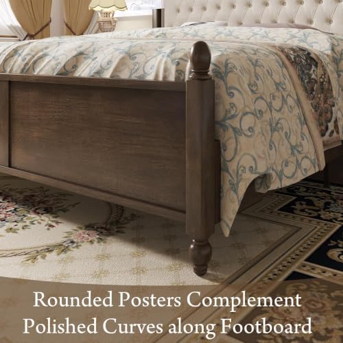 Luxury Queen Size Bed Frame with Upholstered Tufted Headboard,Walnut, view 7