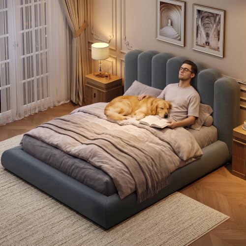 Queen Size Cloud Bed Frame with Wave Headboard, Plush Foam Upholstered Platform, view 7