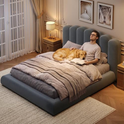 Queen Size Cloud Bed Frame with Wave Headboard, Plush Foam Upholstered Platform, view 7