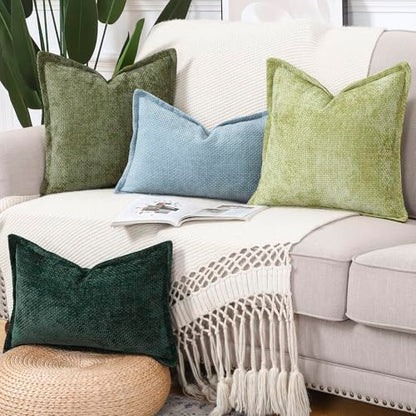 Decorative Chenille Velvet Throw Pillow Covers Set of 2 Soft Boho Textured Neutral Couch Throw Pillow for Bed Modern Farmhouse Home Decor for Sofa Livingroom Moss Green 12x20 Inch