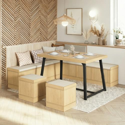 Corner Dining Table Set, 43 Inch Breakfast Nook Table Set with Bench with Hidden Storage & 2 Ottomans, 5-Piece Corner Bench Dining Table Set, Natural