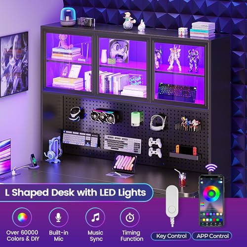 L Shaped Computer Desk, L Shaped Corner Gaming Desk with 3 Wood Drawer and Large Bookshelf, Home Office Desk with LED Light, Display Cabinet and Pegboard, 27.5" W Large Desktop Table, Black