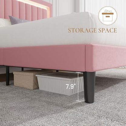Queen Size Velvet Bed Frame with LED Light, Pink, view 7