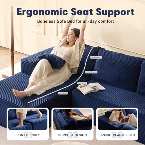 107" Boneless Couch with Deep Seat, Modular Sectional Sofa, Cloud Sectional Couch for Living Room, No Assembly Required, Corduroy, L-Shape Left, Blue