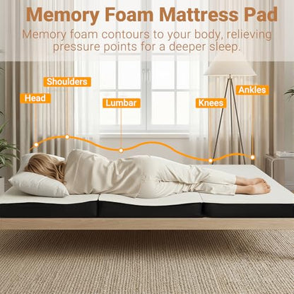 Foldable Mattress Twin, Memory Foam Tri Fold Mattress with Removable Washable Cover, 4 inch Folding Floor Mattresses Nap Pad for Guest, RV, Travel, Camping, White, 75"x38"x4"