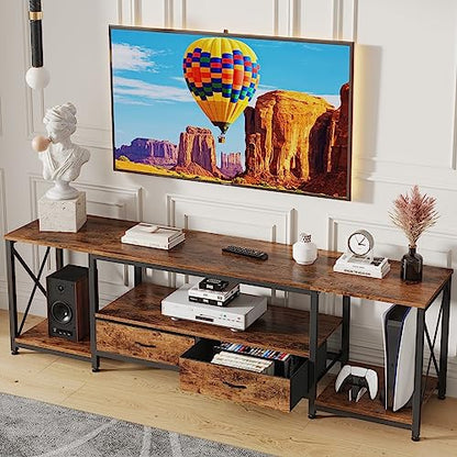 TV Stand with Fabric Drawer - Entertainment Center and Industrial TV Console Table with Open Storage Shelves for Living Room, Bedroom - 55.1" Rustic Brown