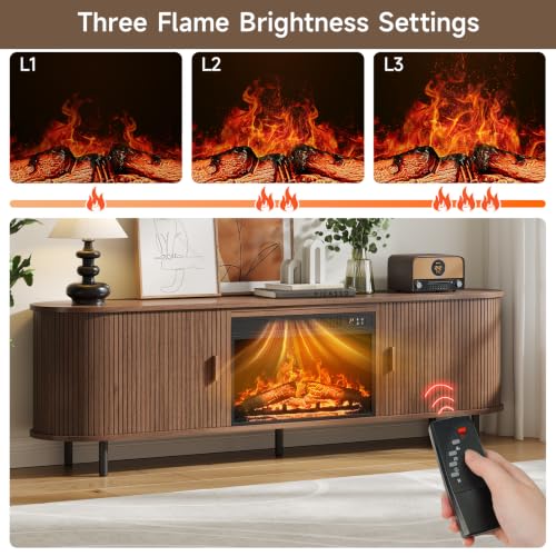 70.8" Fluted Fireplace TV Stand with 23" Electric Fireplace, Walnut, view 4