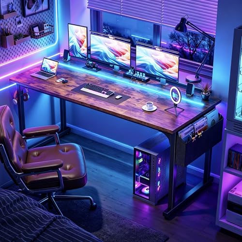 55" Office Desks with LED Lights,Gaming Writing Work from Home Study Desk with Storage Bag,Home Office Desk with Headphone Hook Sturdy Metal Frame, Rustic Brown