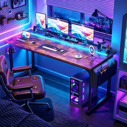 55" Office Desks with LED Lights,Gaming Writing Work from Home Study Desk with Storage Bag,Home Office Desk with Headphone Hook Sturdy Metal Frame, Rustic Brown