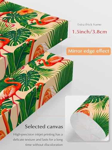 NuYeBiofx Summer Beach Pink Flamingo Canvas Wall Art Prints,48"x32" Framed Picture Artwork Green Tropical Leaves Printed Canvas Oil Painting for Living Room Bedroom Office,Ready to Hang