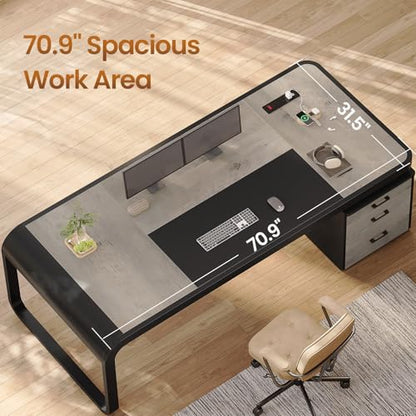 70.9" Executive Desk, Large Computer Desk with Drawers and Lateral File Cabinet, view 4