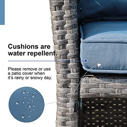 2-Piece Outdoor Patio Furniture Wicker Love-seat and Coffee Table Set, with Built-in Storage Bin, Grey Rattan, Navy Blue Cushions