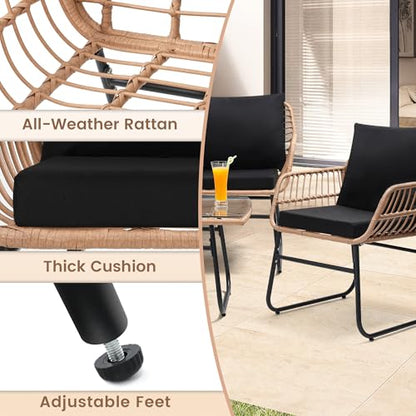 4 Piece Patio Bistro Outdoor Furniture Set, Wicker Sofa, 2 Rattan Chairs and Table, Backyard Conversation Set, Washable Cushions, Natural Rattan Black Cushion