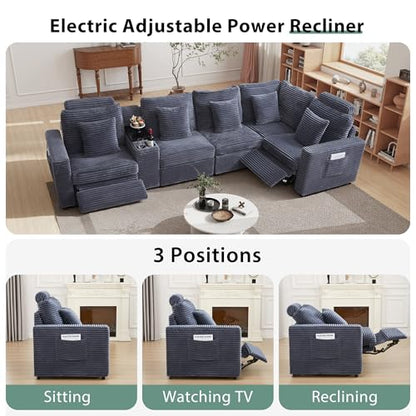 Oversized Modular Sectional Sofa with 2 Power Recliner, 5-Seater L-Shaped Corduroy Reclining Couch with Storage Console Charging Cup Holders, Fluffy Reclining Couches for Living Room,Grey