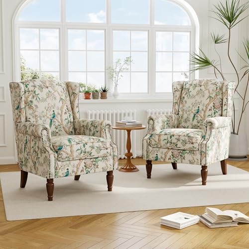 Accent Chair, Upholstered High Back Armchair with Nailhead Trim & Wood Legs, Comfy Wingback Reading Single Sofa Chair for Small Spaces, Living Room, Bedroom (Bird, Set of 1)