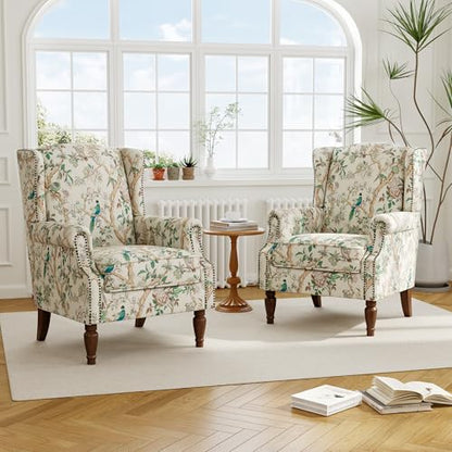 Accent Chair, Upholstered High Back Armchair with Nailhead Trim & Wood Legs, Comfy Wingback Reading Single Sofa Chair for Small Spaces, Living Room, Bedroom (Bird, Set of 1)