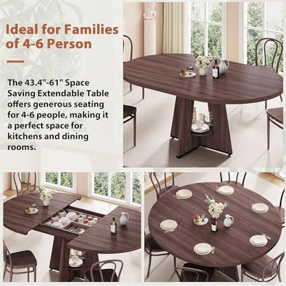 Extendable Dining Table, Round Kitchen Dining Room Dinner Table with for 4 6 8 People, Space Saving Modern Oval Expandale Furniture with Storage and Pedestal for Kitchen Living Room (Brown)