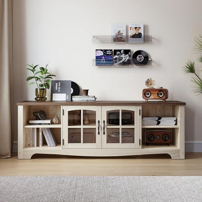 TV Stand for 75 Inch TV, Modern Farmhouse Entertainment Center with Storage Cabinets and Glass Doors, Tall Media Console Table for Living Room, Bedroom, Large Long Television Stand, Beige