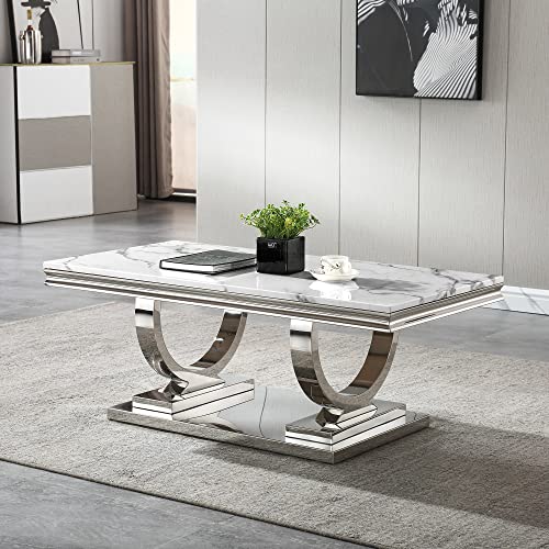 46.8" Coffee Table with Marble Top, Modern Rectangular Faux Marble Coffee Table with Silver Stainless Steel Base, Luxury White Cocktail Center Tea Table for Living Room