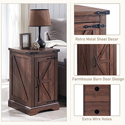 Nightstand with Charging Station, Rectangular Farmhouse End Table with Barn Door and Adjustable Storage Shelf, 17" Deep Wood Rustic Sofa Side Table for Living Room, Bedroom, Brown