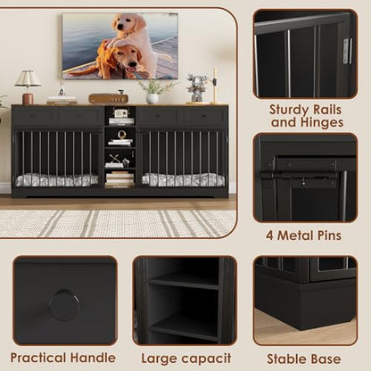 82" Large Dog Crate for 2 Dogs, Dog Kennel Indoor with 4 Drawers and Shelves, Double Dog Crate Furniture TV Stand, Wooden Dog Cage for Medium Large Dogs, Black
