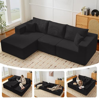 Modular Sectional Sofa for Living Room, 108" Cloud Couch Sectional with L-Shape Chaise, Modern Upholstered Corduroy Boneless Couch with Memory Foam Deep Seat, No Assembly Required (Black)