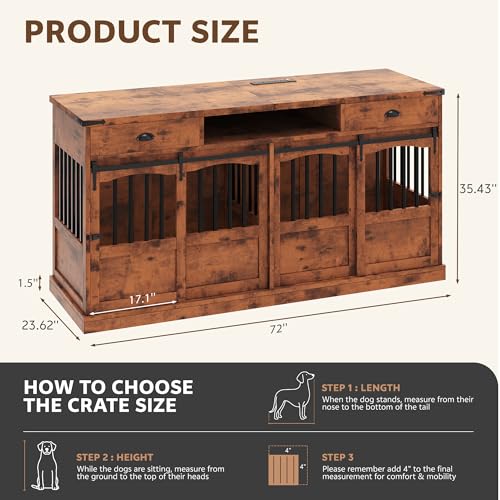 72" Double Dog Crate Furniture with Storage for 2 Medium Dog Brown, view 3