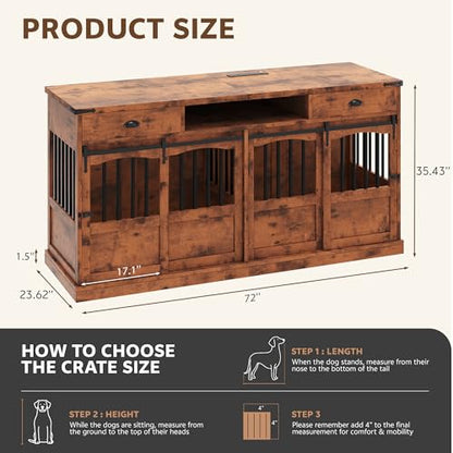 72" Double Dog Crate Furniture with Storage for 2 Medium Dog Brown, view 3
