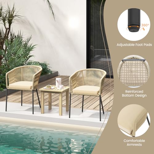 Patio Chairs Set of 4, Outdoor Accent Chairs with Woven Rope Curved Backrest & Armrests, Seat Cushion, Adjustable Foot Pads, Modern Dining Chair for Dining Room, Patio, Backyard, Beige