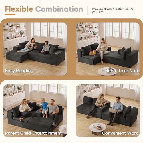 109" Boneless Couch with Memory Foam, Modular Sectional Sofa with L-Shape Chaise, Cloud Couch with Deep Seat, Dual Cup Holders & Side Pockets, No Assembly Required (Black)