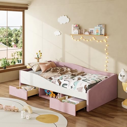 JIVOIT Twin Size Upholstered Daybed, 2 Storage Drawers, Padded Shelf, Guardrail (Pink/ Twin,82)