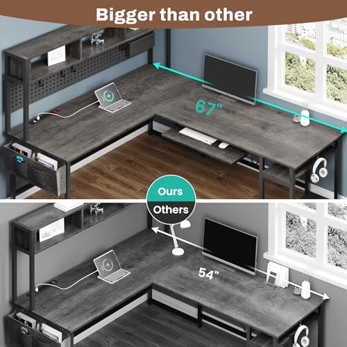 L Shaped Desk, 94.5 Inch Home Office Desk with Power Outlet & Pegboard, L Shaped Gaming Desk with LED Light, Keyboard Tray, Storage Shelves and Headphone Hook for Home Office, Grey
