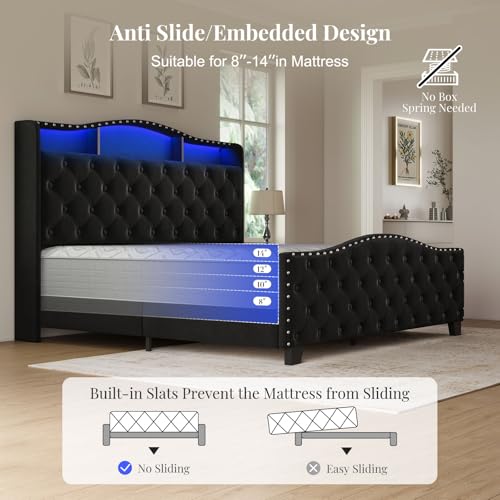 Queen Size Platform Bed Frame with 50.9" LED Headboard, Black, view 7