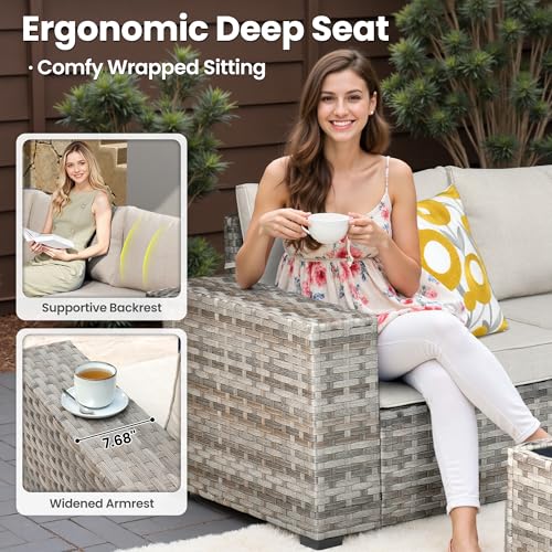 6 Pieces Patio Furniture Set, Outdoor Wicker Sectional Sofa with Coffee Table Comfy Cushions, Modern Modular Deep Seat Couch Rattan Conversation Set, Beige